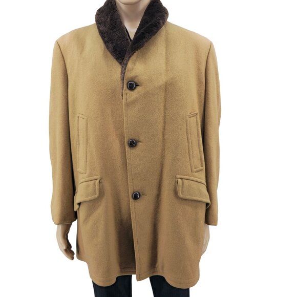 Vintage H.I.S Mens Camel Coat With Faux Fur Lining & Shawl Collar Button Closure - Picture 9 of 9